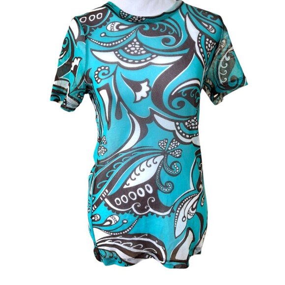 VINTAGE Y2K KAREN KANE RETRO FUNKY TURQUOISE GRAPHIC‎ SHEER TOP M/L - Picture 3 of 6